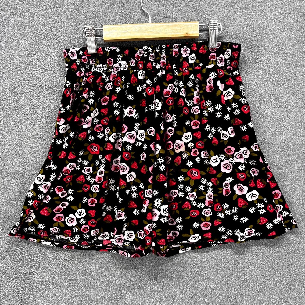 Floral Skort Youth girls size L‎ / XL Black pink red Flared Elastic Waist